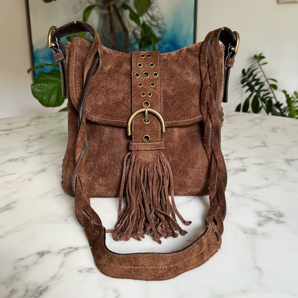COACH Vintage Soho Suede Fringe Duffle Dark Brown 9584 Y2K Leather Crossbody - Picture 1 of 16